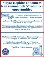 Mayor Hopkins announces teen summer job & volunteer opportunities